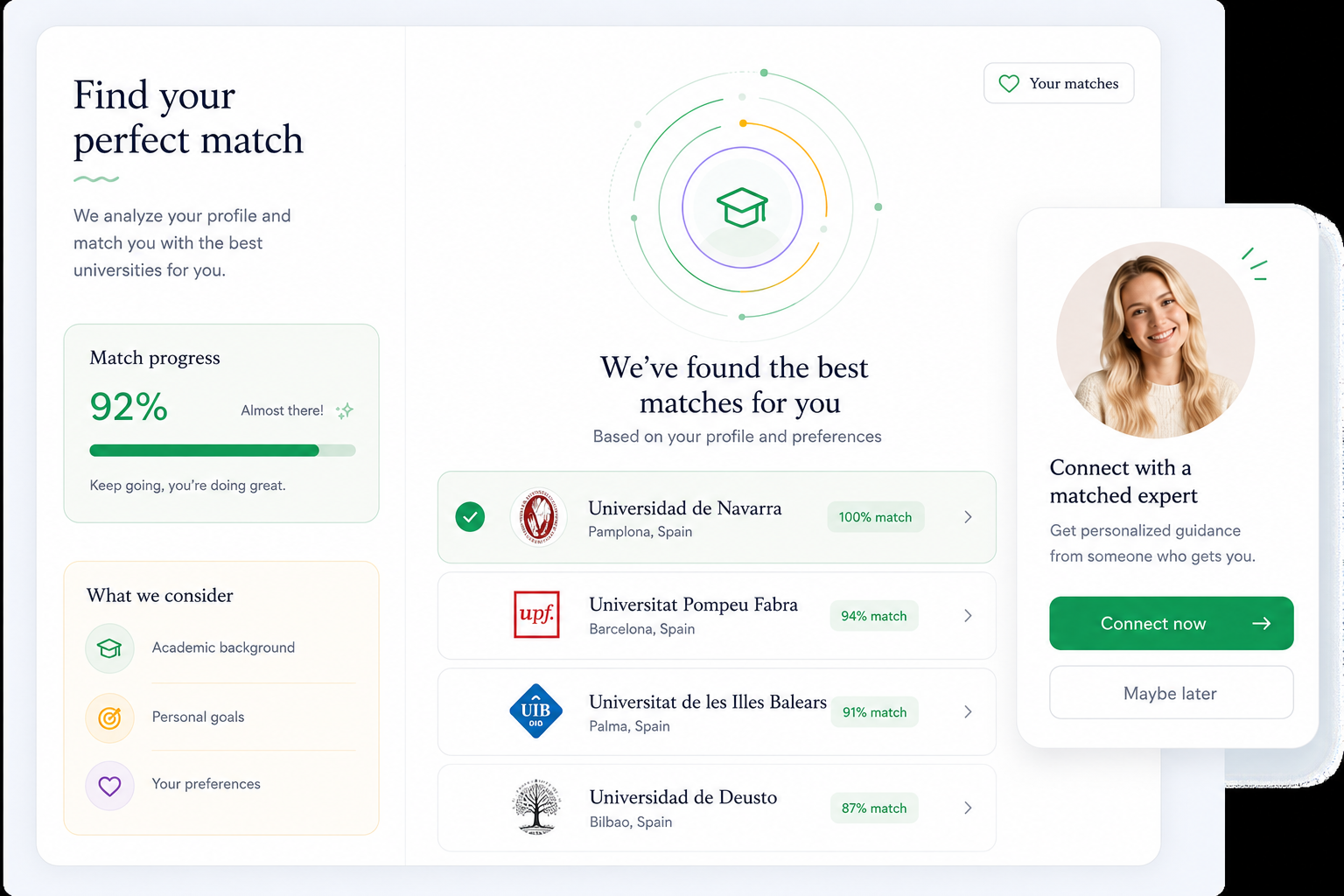 SpainAdmit university matching dashboard with expert support