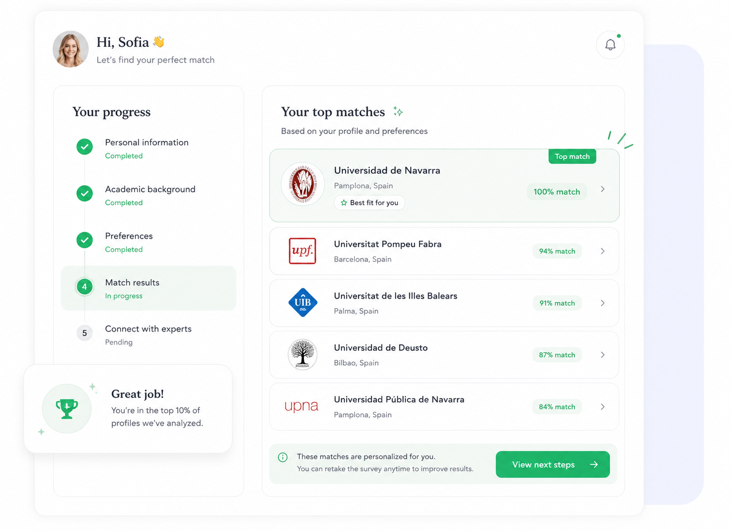 SpainAdmit Spanish university application options interface