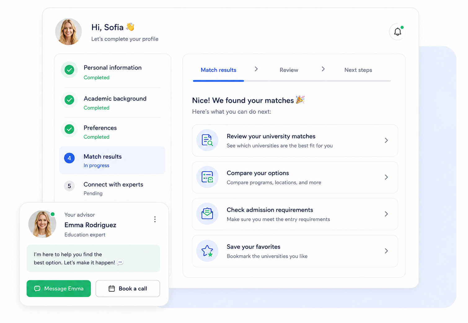 SpainAdmit matched universities and next steps dashboard